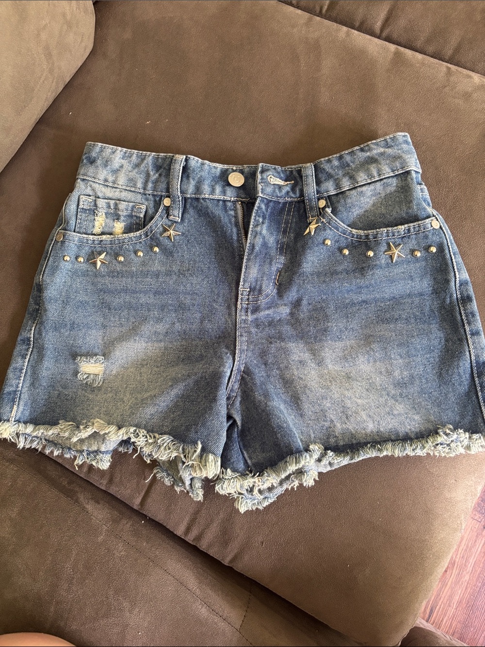 Denim Frayed Hem Shorts with studs